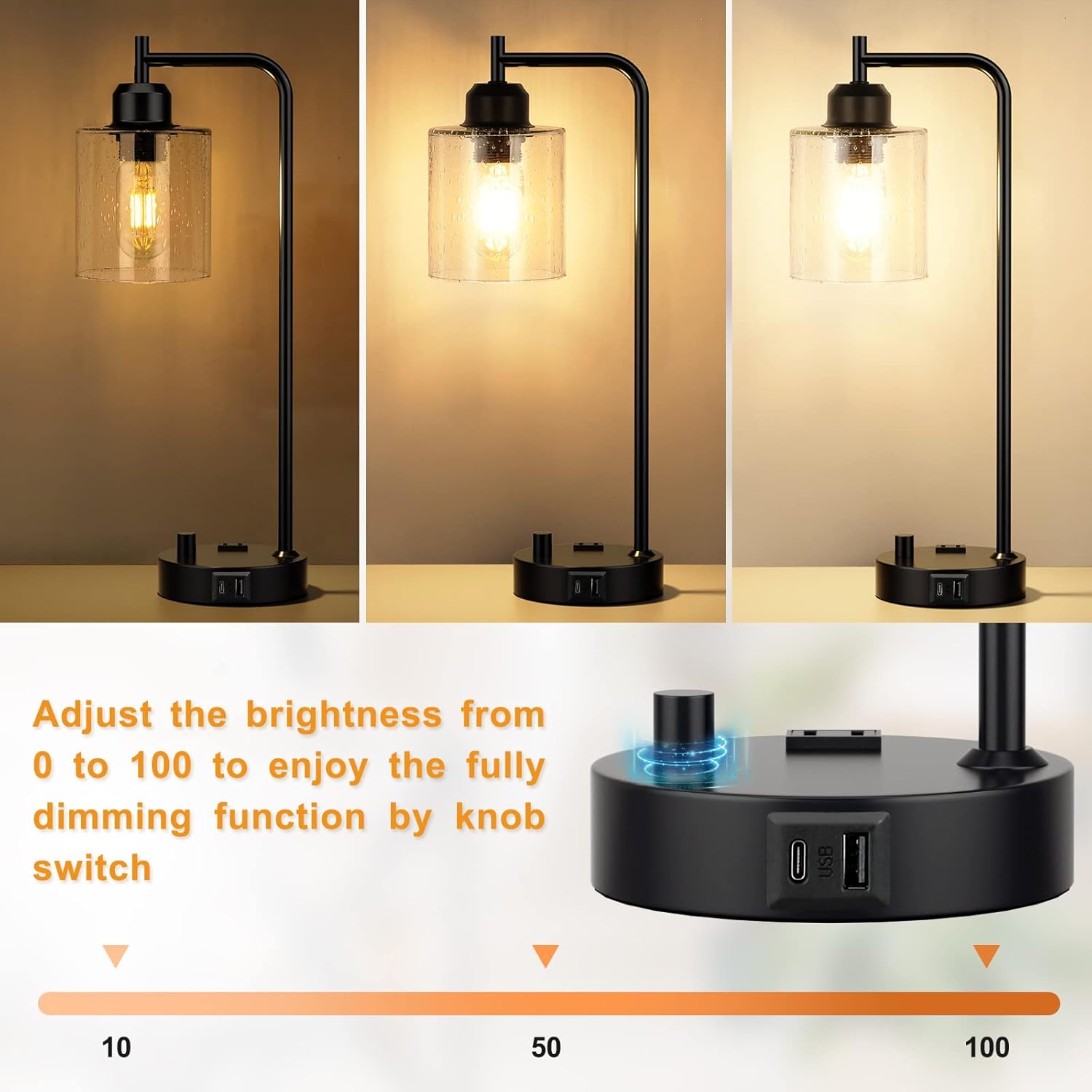 Industrial Bedside Table Lamp for Bedroom - Nightstand Lamps with USB C Charging Port, Fully Dimmable Black Ports and Outlets, Small Desk Glass Shade Office Living Room