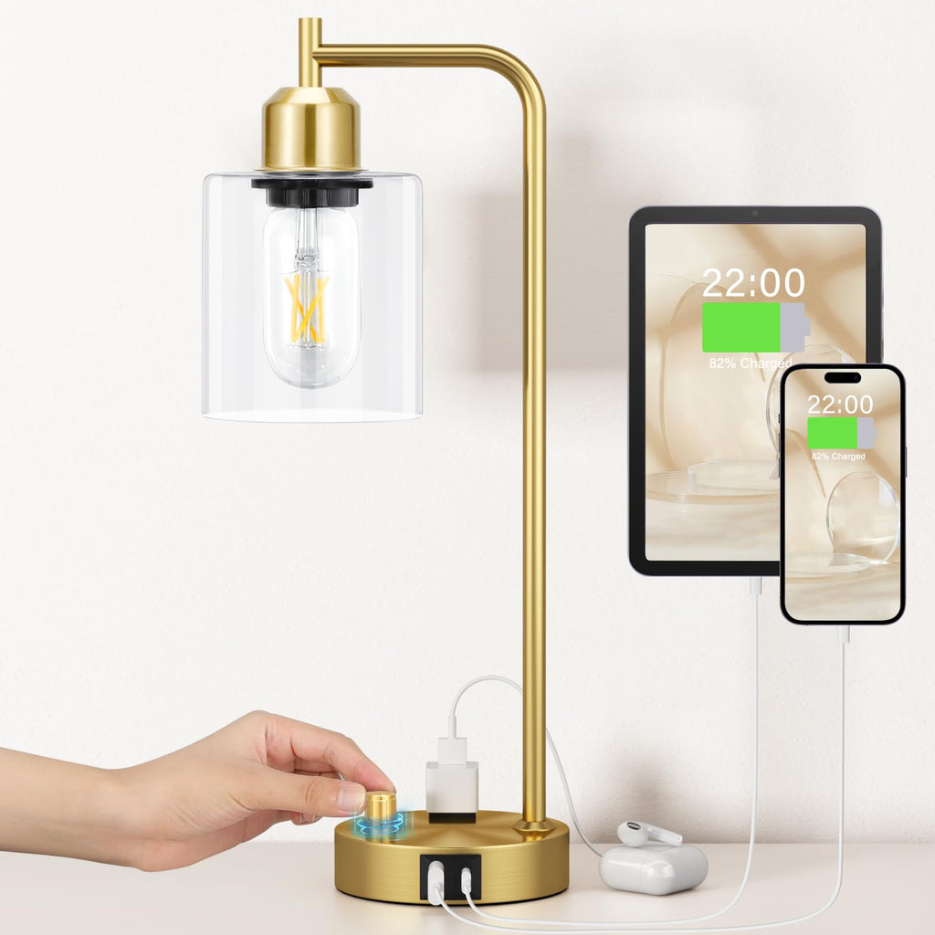 Industrial Bedside Table Lamp for Bedroom - Nightstand Lamps with USB C Charging Port, Fully Dimmable Black Ports and Outlets, Small Desk Glass Shade Office Living Room