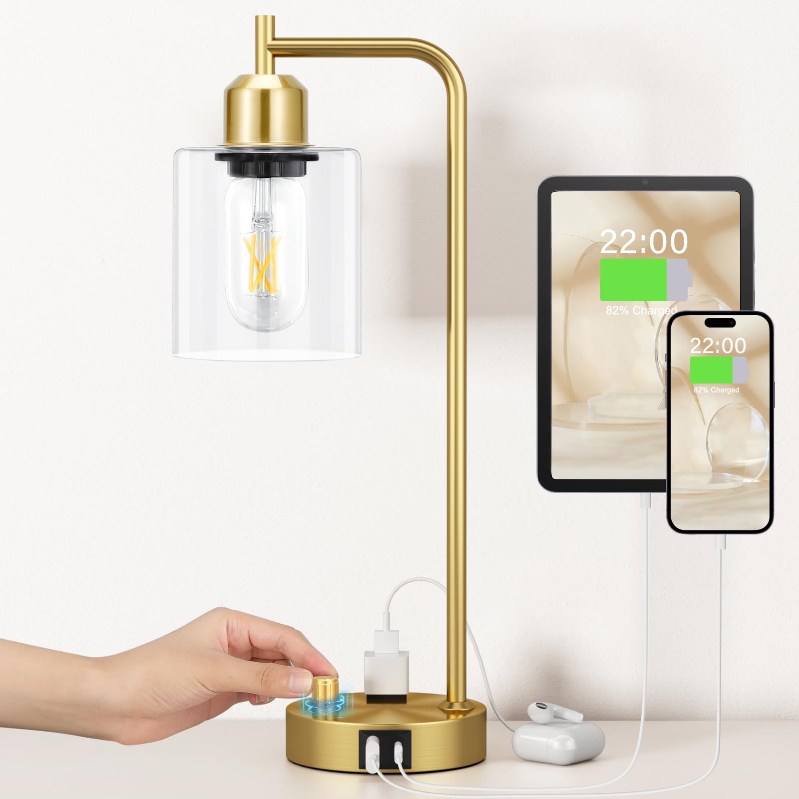 Industrial Bedside Table Lamp for Bedroom - Nightstand Lamps with USB C Charging Port, Fully Dimmable Black Ports and Outlets, Small Desk Glass Shade Office Living Room