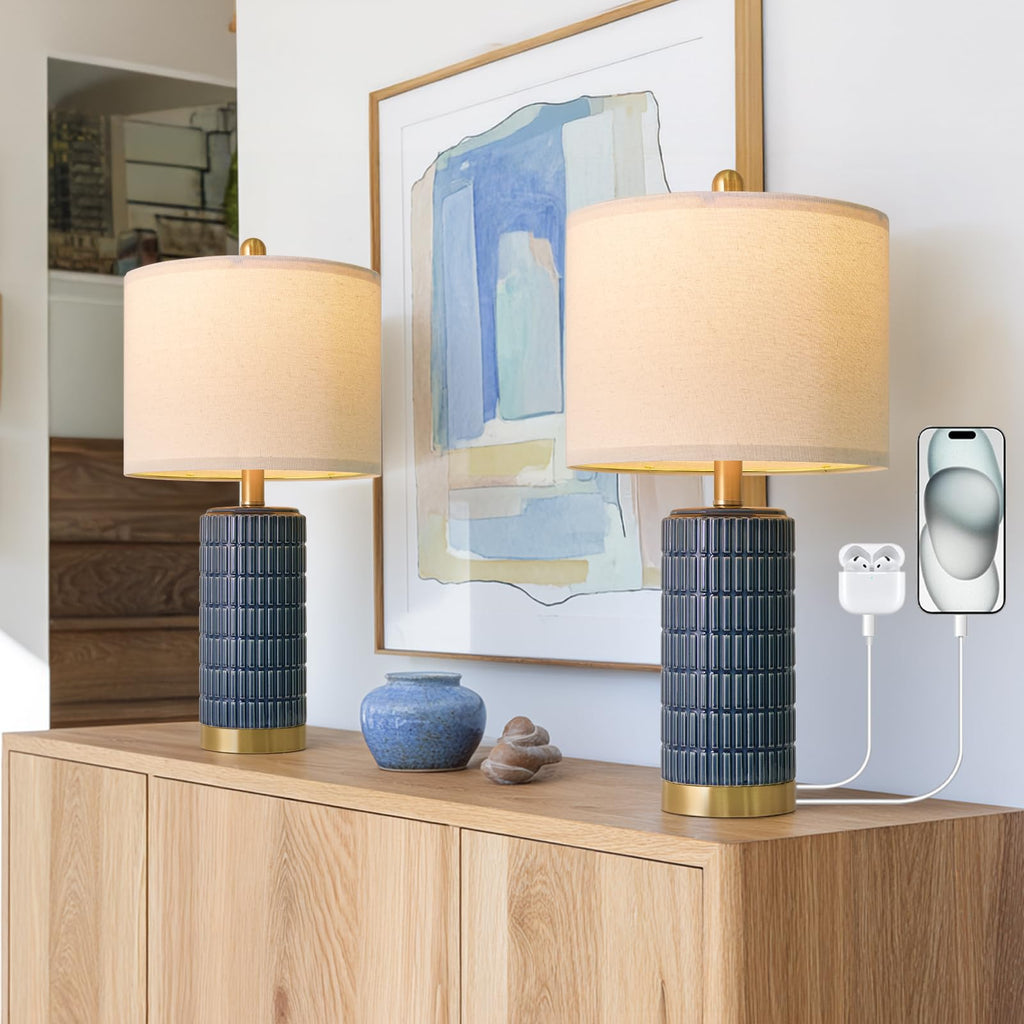PoKat 20.75" Small Modern Ceramic Table Lamps Set of 2 for Bedroom, White Bedside Lamps for Night Stands, Farmhouse Desk Decor Gift Nightstand Table Lamps for Living Room End Table Beige