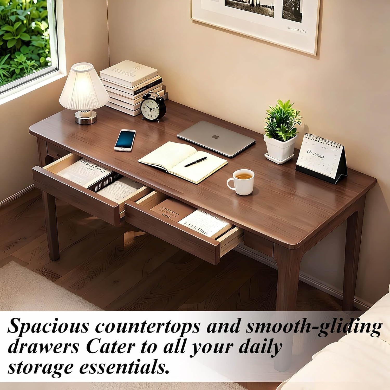 Solid Wood Desk,47" Solid Wood Writing Desk with Drawers,Oak Mid Century Modern Small Computer for Small Spaces Home Office