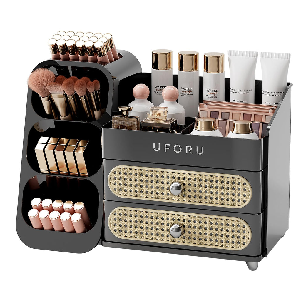 UFORU Makeup Organizer for Vanity with Brush Holder, Large Capacity Bathroom Countertop Skincare Organizer with 2 Drawers, Cosmetic Display Case for Perfumes, Eyeshadow Palettes, Nail Polishes