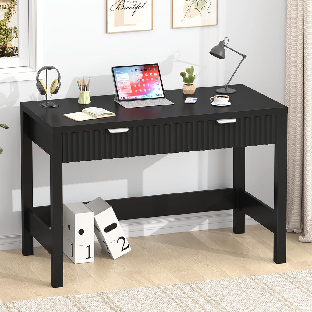 YOMILUVE Fluted Computer Desk with 2 Drawers, 39 Inch Small Computer Desk with Storage, Compact Writing Study Desk for Small Spaces