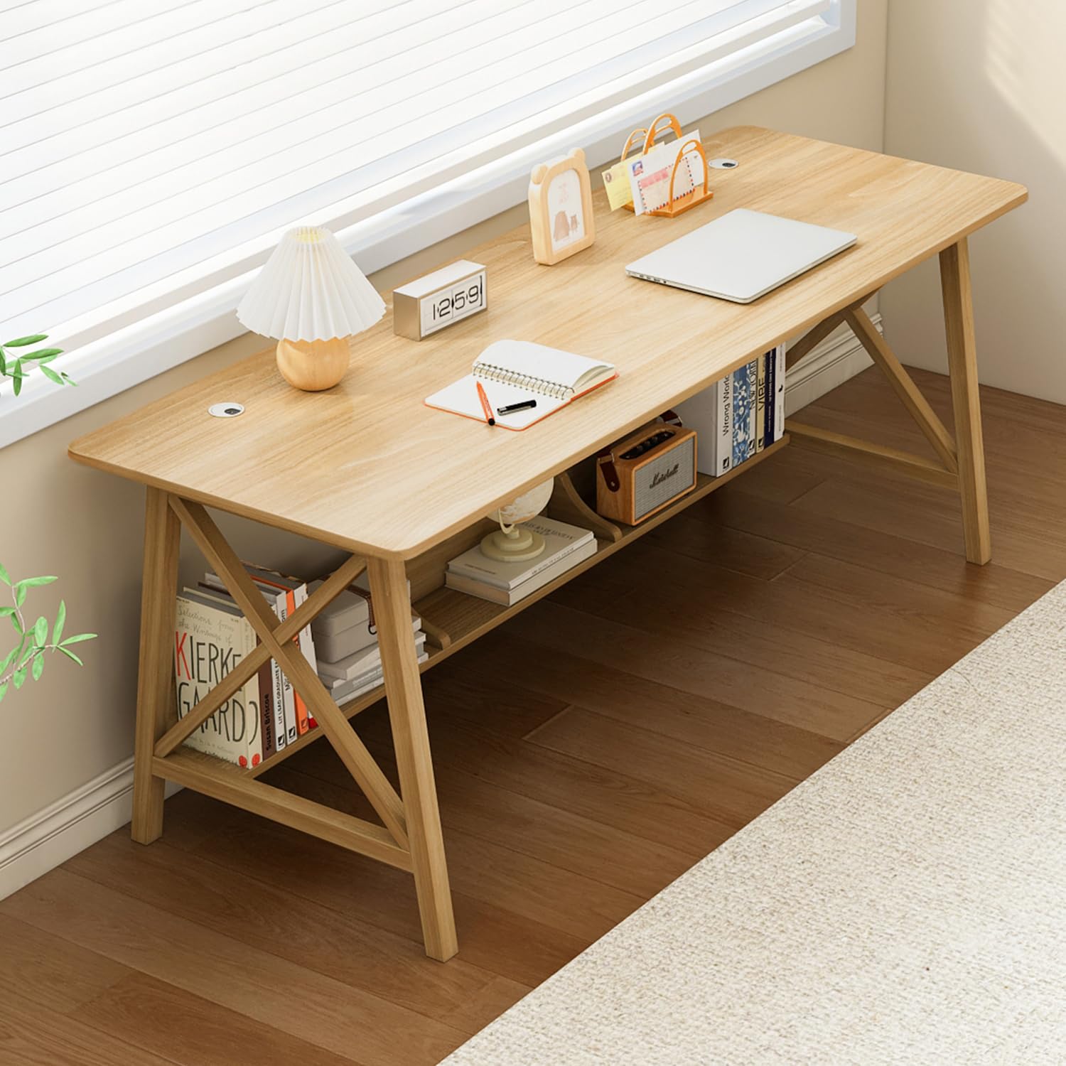 NELYE Extra Long Desk with Bookshelf - Wooden Home Office Work Study Table, Writing Computer Workstation with Storage Shelf in Walnut, 55" Wx20 Dx30 H