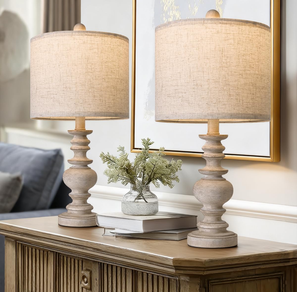 Set of 2 Rustic Farmhouse Linen Table Lamps for Bedroom & Living Room Decor