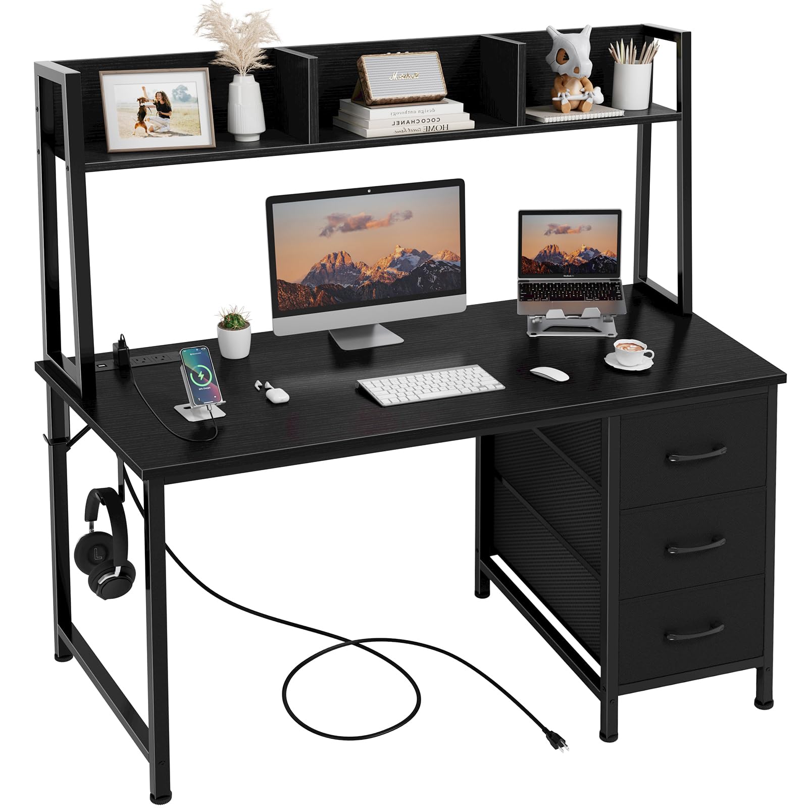 DLisiting White Computer Desk with Hutch & Drawers - 47 Inch Modern Study Writing Office Desk with 3 Storage Drawers and Power Outlets for Bedroom Home Office