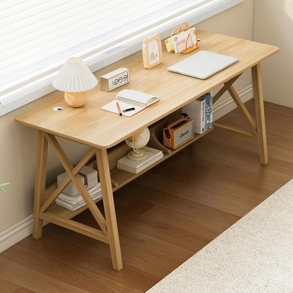 NELYE Extra Long Desk with Bookshelf - Wooden Home Office Work Study Table, Writing Computer Workstation with Storage Shelf in Walnut, 55" Wx20 Dx30 H