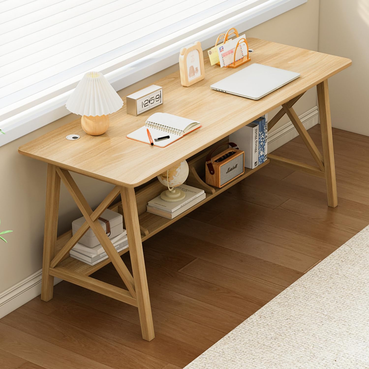 NELYE Extra Long Desk with Bookshelf - Wooden Home Office Work Study Table, Writing Computer Workstation with Storage Shelf in Walnut, 55" Wx20 Dx30 H