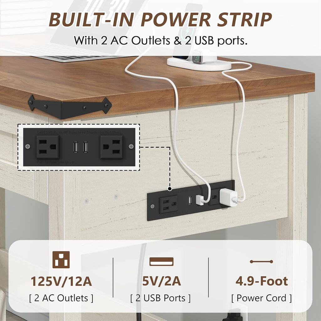 YOMILUVE Farmhouse Computer Desk with 2 Drawers, 39 Inch Small Office Computer Desk with Power Outlets, Compact Writing Study Desk for Small Spaces, Antique White
