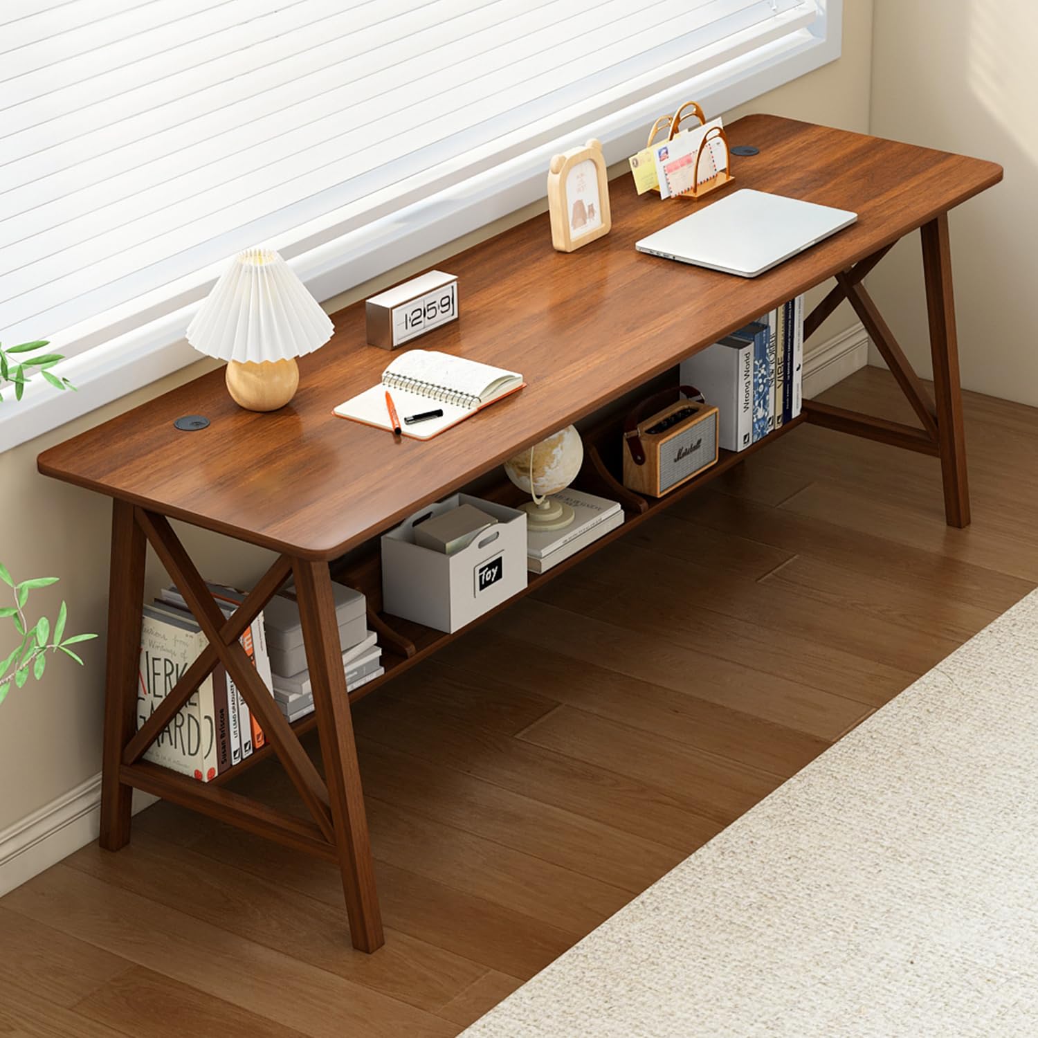 NELYE Extra Long Desk with Bookshelf - Wooden Home Office Work Study Table, Writing Computer Workstation with Storage Shelf in Walnut, 55" Wx20 Dx30 H