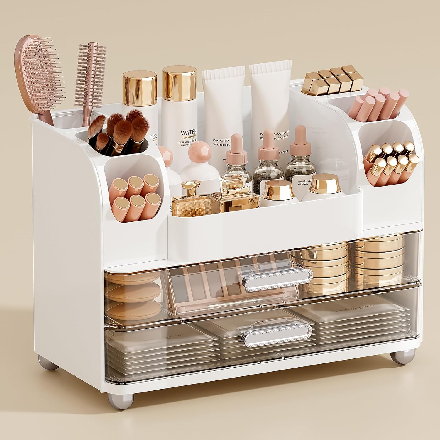 UFORU Makeup Organizer for Vanity with 2 Large Drawers, Cosmetic Display Case with Brush Holders, Easy to Storage for Bathroom Countertop Skincare, Perfume, White