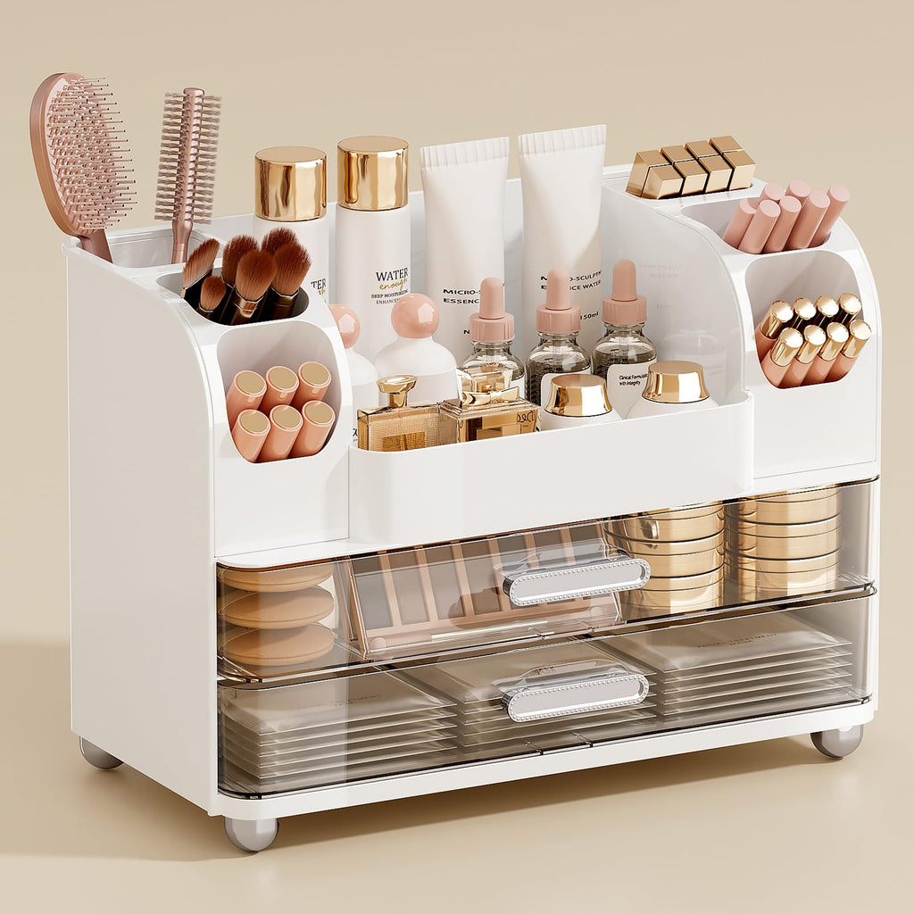 UFORU Makeup Organizer for Vanity with 2 Large Drawers, Cosmetic Display Case with Brush Holders, Easy to Storage for Bathroom Countertop Skincare, Perfume, White