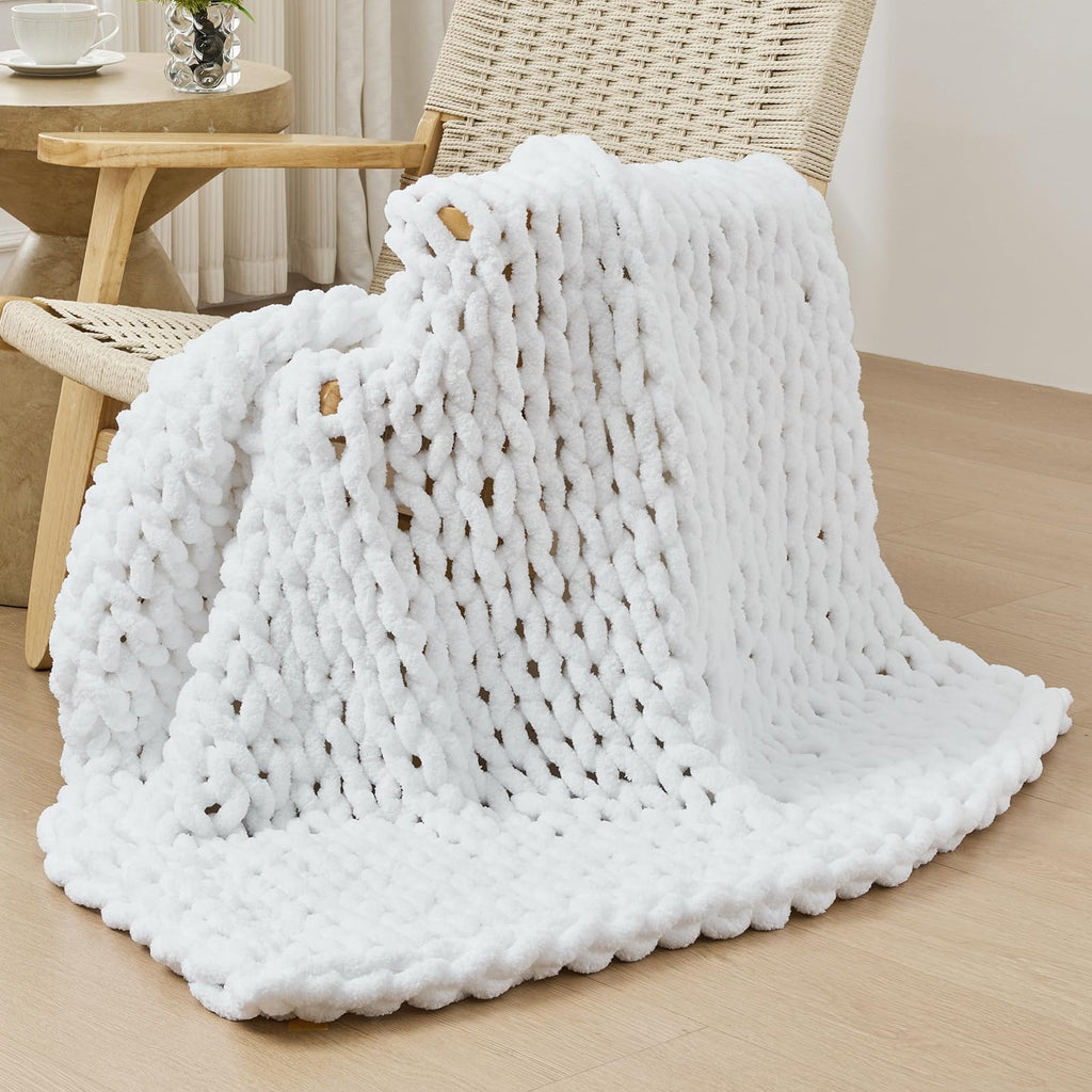 40×60" Beige Hand Knit Jumbo Chenille Chunky Knit Throw Blanket for Sofa & Bed