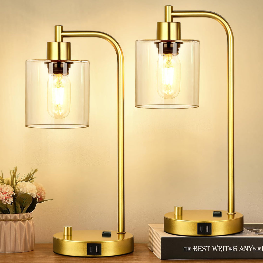 Set of 2 Industrial Table Lamps with USB C+A Ports and Outlet, Fully Stepless Dimmable Bedside Lamps for Bedrooms, Nightstand Desk Lamp with Glass Shade for Reading Living Room Office (Bulbs Included)