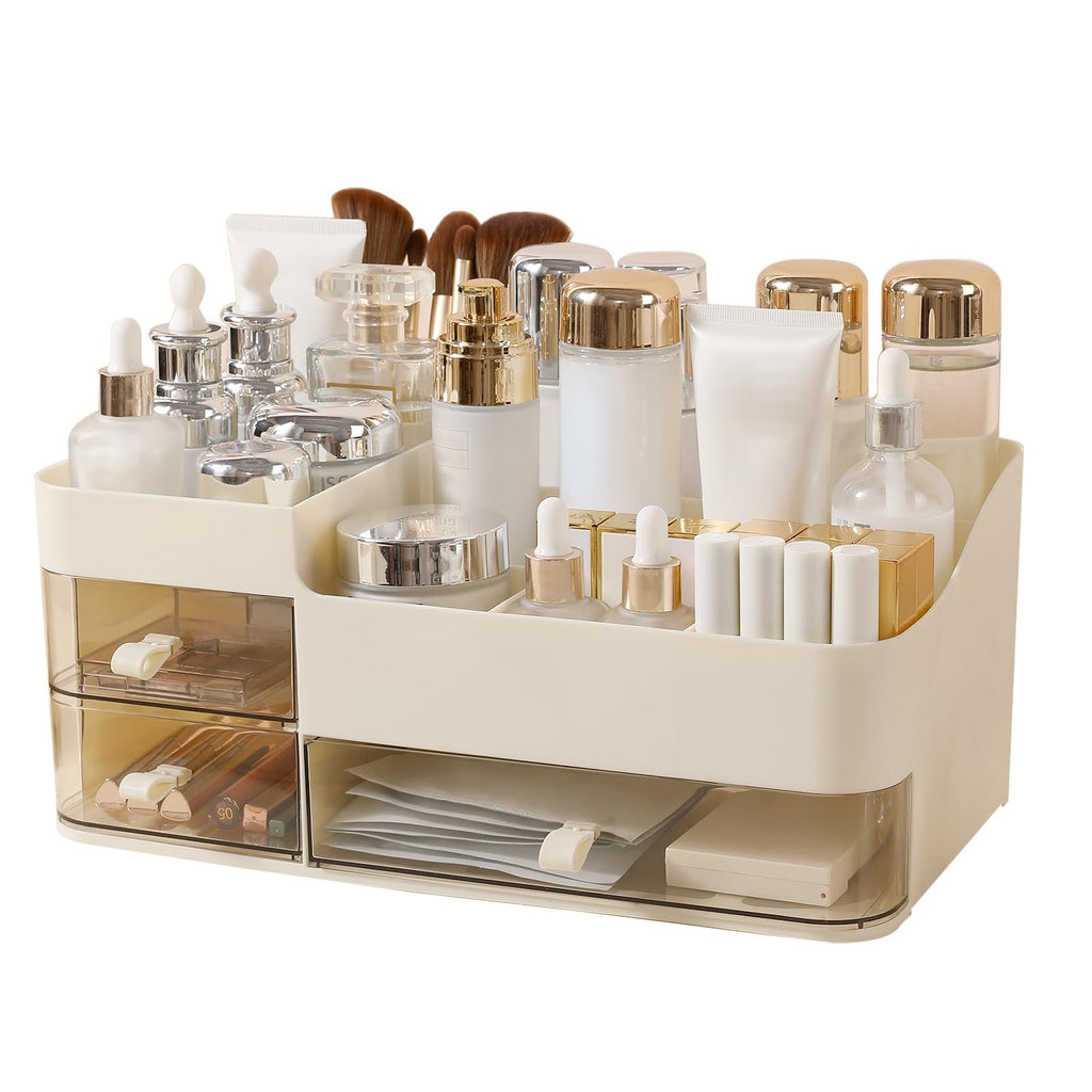 DASITON Makeup Organizer with Rechargeable Mirror and 3 Drawers,Skincare and Cosmetics Organizer Countertop,Makeup Brush Holder,Large Cosmetic Display Case for Vanity,Desk,Bathroom,Bedroom(Cream)