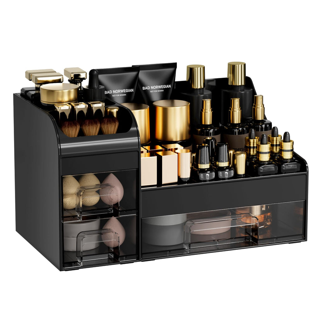 Makeup Organizer with Drawers,Large Cosmetic Storage Box,Countertop Skincare Organizer,ABS Makeup Brush Holder for Bathroom,Desk,Dresser,Multifunctional Beauty Display Case,Black transparent