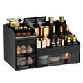 Makeup Organizer with Drawers,Large Cosmetic Storage Box,Countertop Skincare Organizer,ABS Makeup Brush Holder for Bathroom,Desk,Dresser,Multifunctional Beauty Display Case,Black transparent