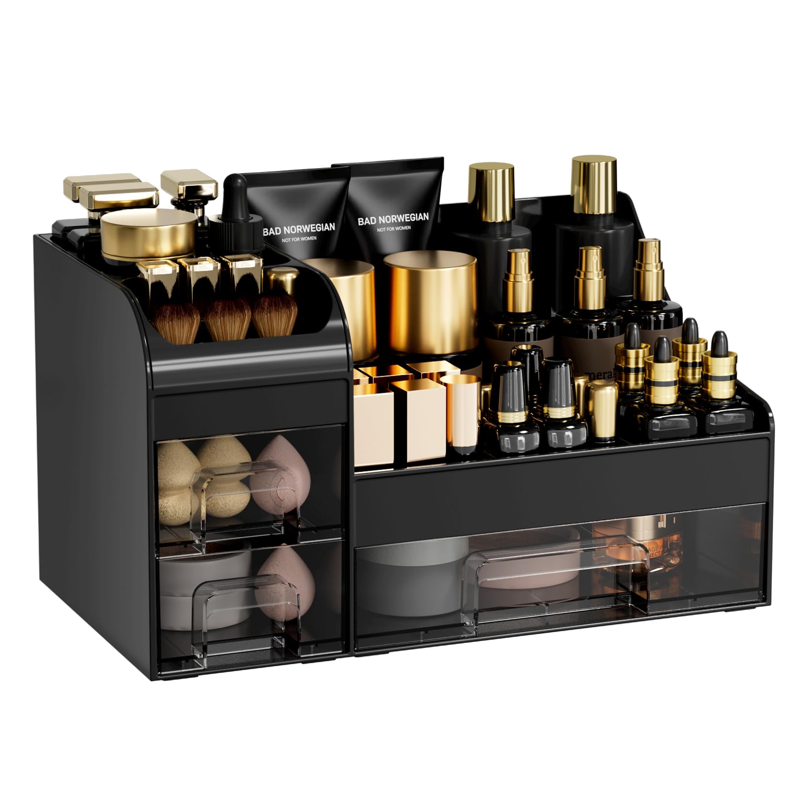 Makeup Organizer with Drawers,Large Cosmetic Storage Box,Countertop Skincare Organizer,ABS Makeup Brush Holder for Bathroom,Desk,Dresser,Multifunctional Beauty Display Case,Black transparent