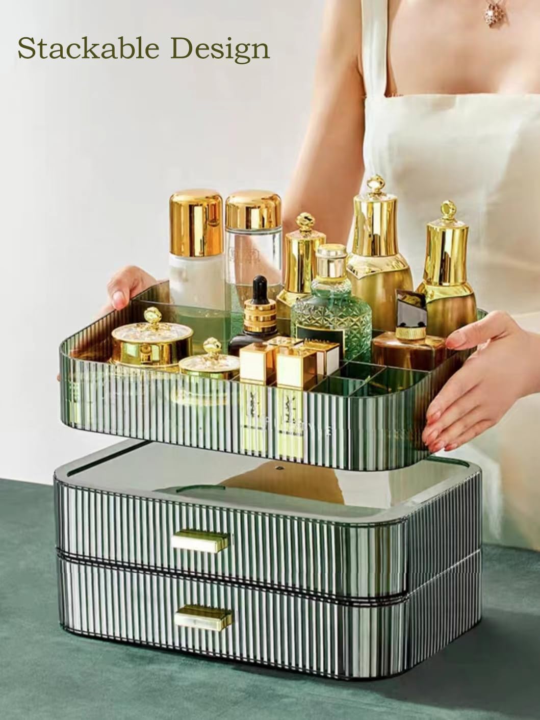 Makeup Organizer with Stackable Drawers, Bathroom Vanity Organizers and Storage, Ideal for Desk and Dresser Countertops, Great for Cosmetics, Skincare, Lipsticks, Nail Care - Green