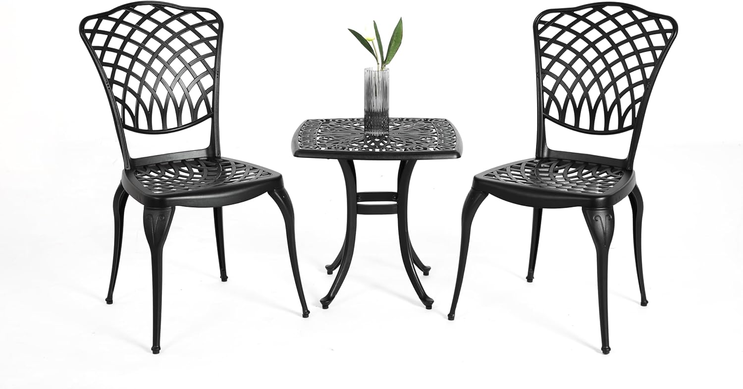 Black 3-Piece Rustproof Cast Aluminum Patio Bistro Set with Round Table & 2 Chairs