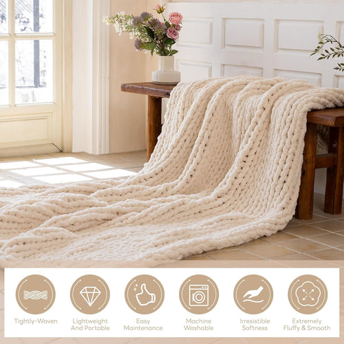 Chunky Knit Blanket - Luxury Soft Cozy 60 * 80 Throw Blanket, 100% Handmade Chenille Yarn Woven Blanket for Couch, Sofa, Home Decor, Gift - Machine Washable (Cream, 60 * 80)
