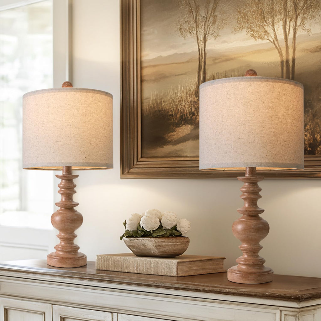 Set of 2 Rustic Farmhouse Linen Table Lamps for Bedroom & Living Room Decor