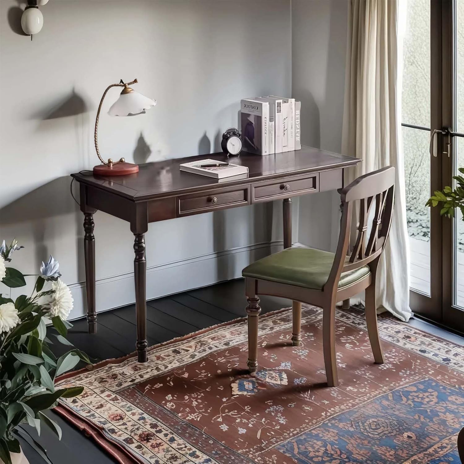 Walnut Writing Desks with Drawers, 47" Solid Wood French Country Style Computer Desk for Home Office, Living Room Study or Workspace