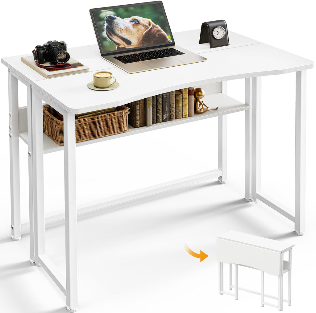 Huuger Folding Desk with Storage Shelf, 31.5 Inch Foldable Computer Table for Small Spaces, Space Saving Sofa Table for Couch, Writing Work Office Computer Desk, Easy to Fold, Rustic Brown
