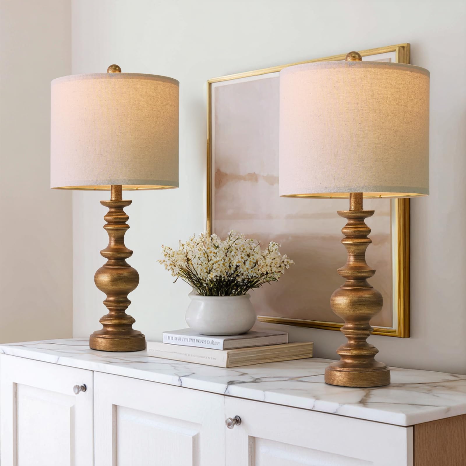 Set of 2 Rustic Farmhouse Linen Table Lamps for Bedroom & Living Room Decor