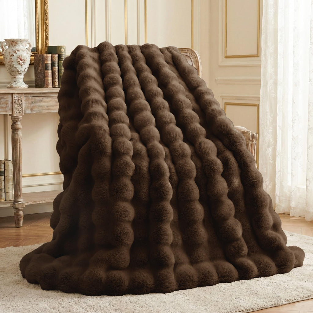 L'AGRATY Faux Rabbit Fur Blanket: 50" x 60" Luxury Soft Fluffy Thick Fur Throw Blanket for Couch Bed Sofa - Cozy Plush Bubble Blankets for Winter: Warm Flannel Fleece Decorative Blanket(Almond White)