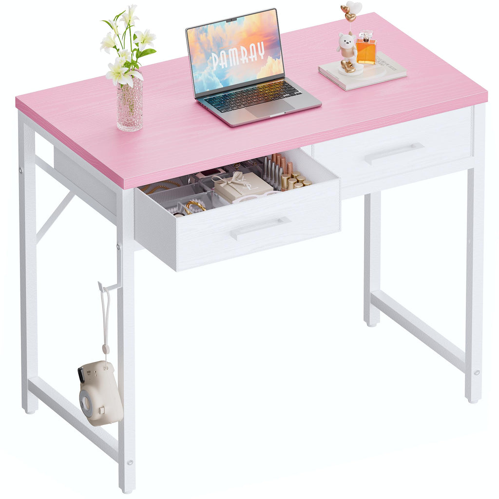 Pamray 32 Inch Small Computer Desk with 2 Drawers for Bedroom Study Writing Home Office Table for Small Spaces Black