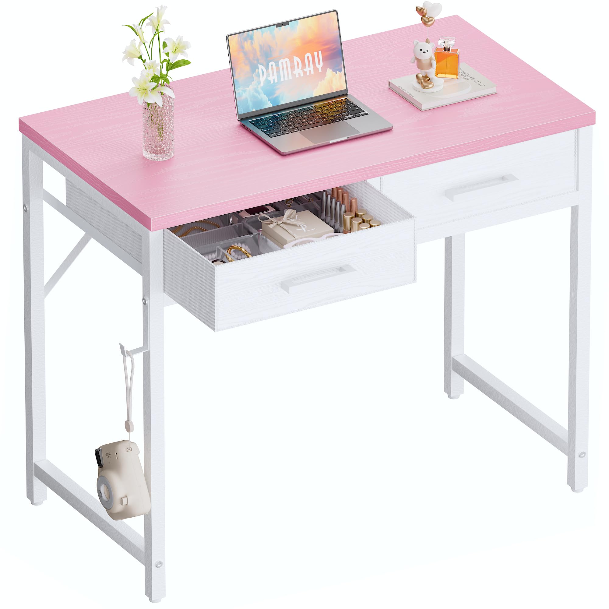 Pamray 32 Inch Small Computer Desk with 2 Drawers for Bedroom Study Writing Home Office Table for Small Spaces Black