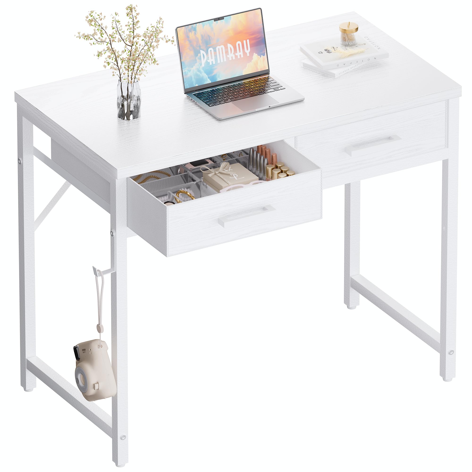 Pamray 32 Inch Small Computer Desk with 2 Drawers for Bedroom Study Writing Home Office Table for Small Spaces Black