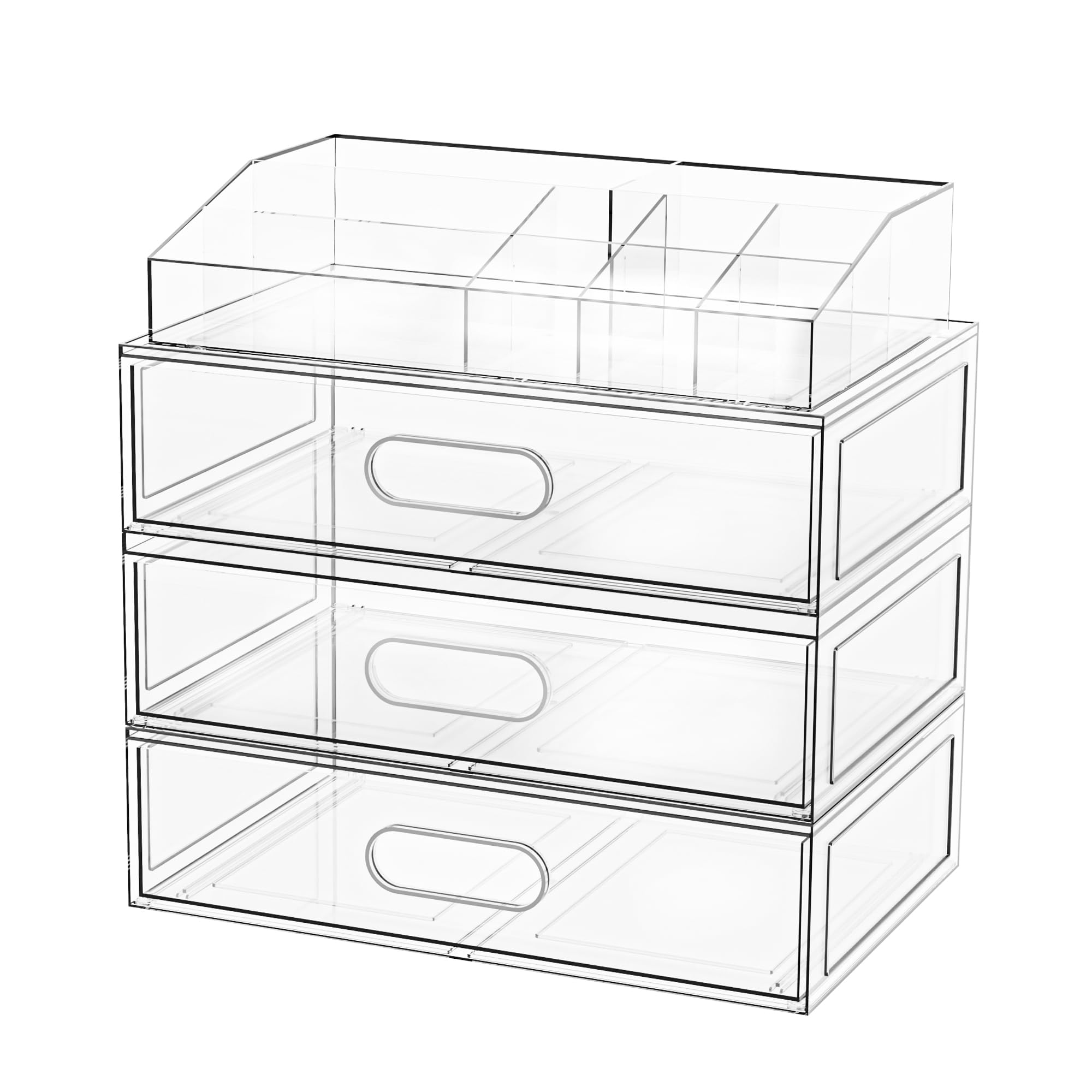 Clear Stackable Makeup Organizer with Drawer, 12''W Acrylic Storage Drawers, Cosmetic Display Case for Vanity Bathroom Countertop, Beauty Holder for Lipstick Brush Skincare Perfume
