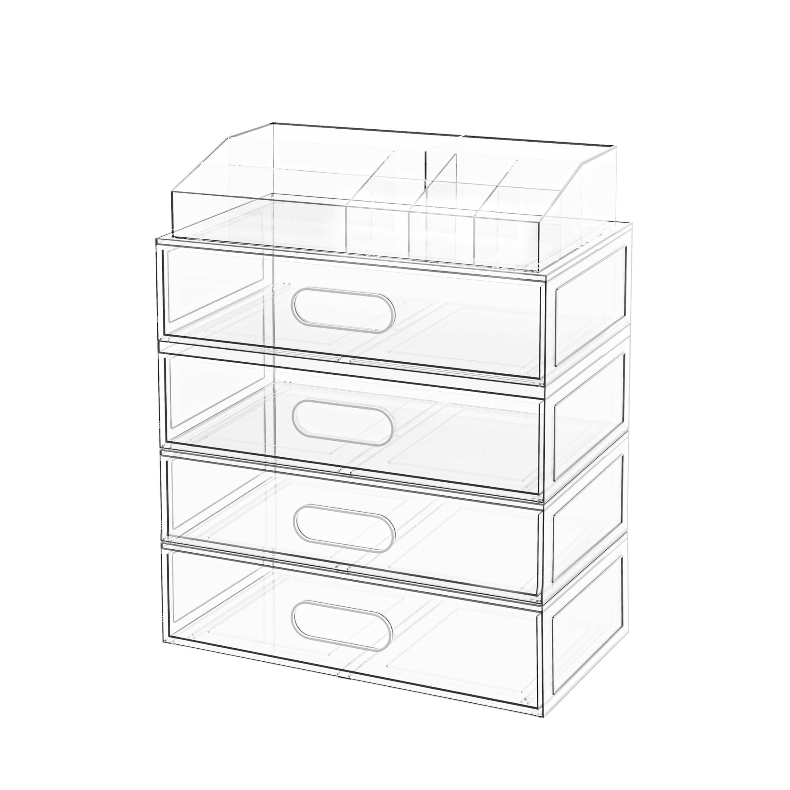 Clear Stackable Makeup Organizer with Drawer, 12''W Acrylic Storage Drawers, Cosmetic Display Case for Vanity Bathroom Countertop, Beauty Holder for Lipstick Brush Skincare Perfume