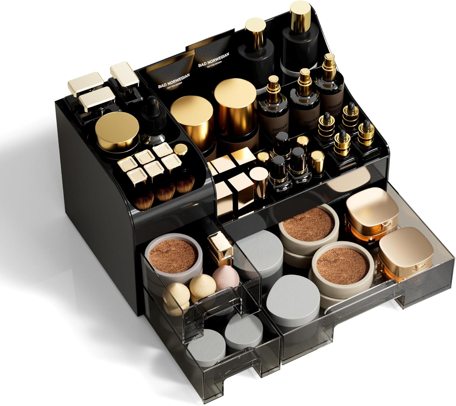 Makeup Organizer with Drawers,Large Cosmetic Storage Box,Countertop Skincare Organizer,ABS Makeup Brush Holder for Bathroom,Desk,Dresser,Multifunctional Beauty Display Case,Black transparent