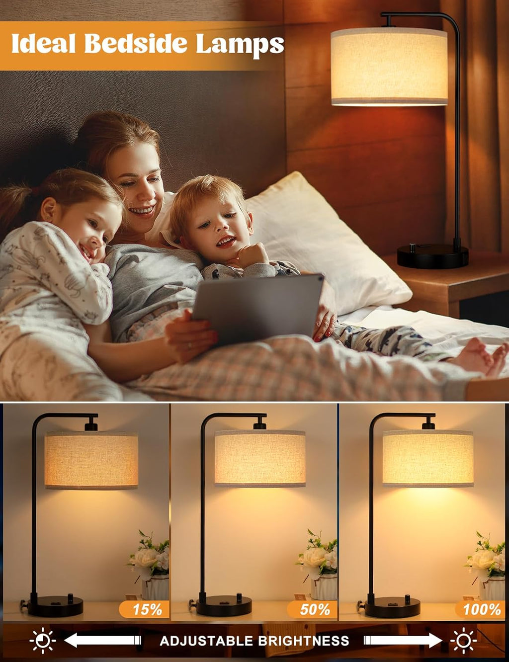 Innqoo Tall Table Lamp with USB Port and Outlet, Dimmable Nightstand Bedside Lamps with Linen Lampshade, Desk Lamp for Bedroom, Living Room, Guest Room, Home Office, LED Bulb Included