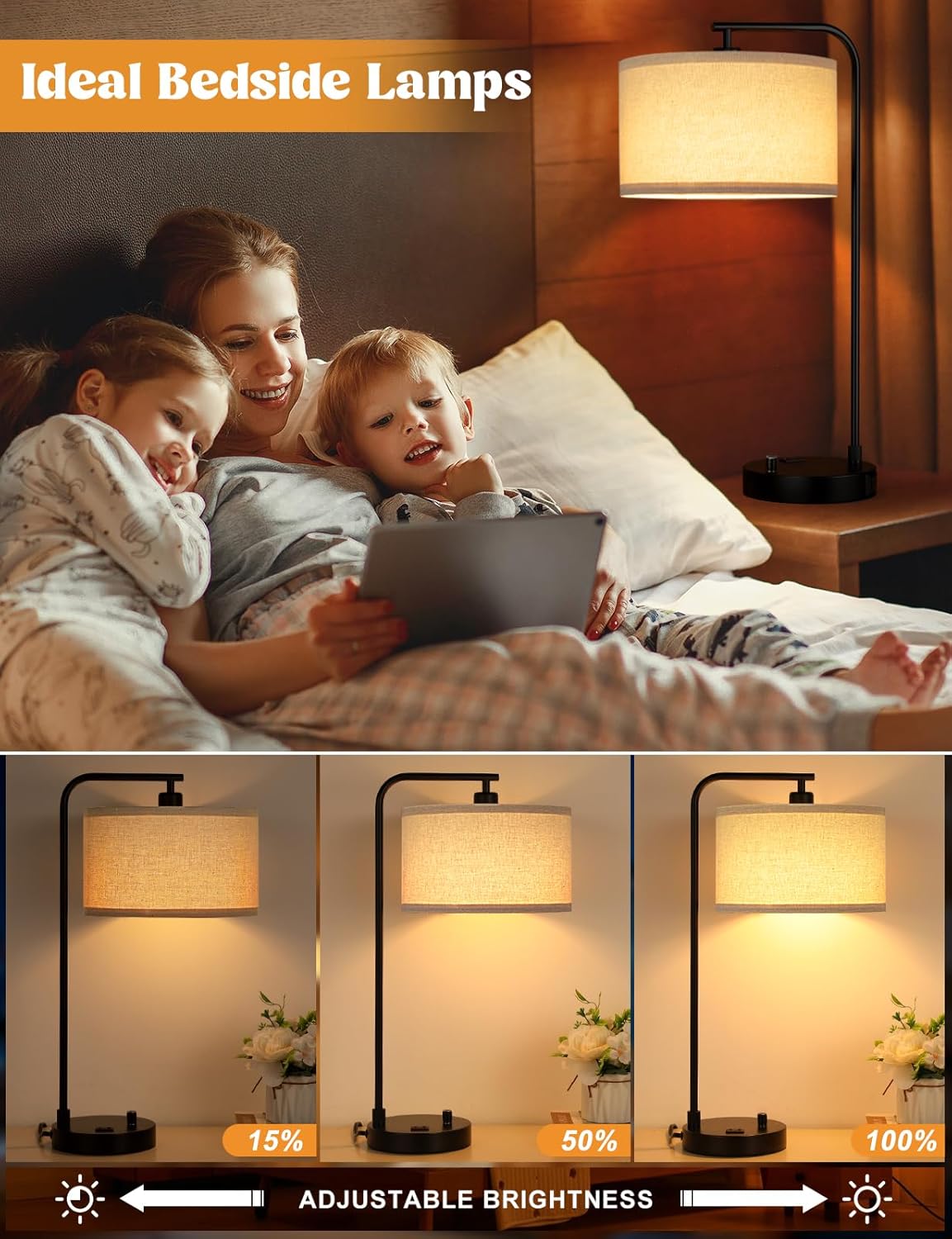 Innqoo Tall Table Lamp with USB Port and Outlet, Dimmable Nightstand Bedside Lamps with Linen Lampshade, Desk Lamp for Bedroom, Living Room, Guest Room, Home Office, LED Bulb Included