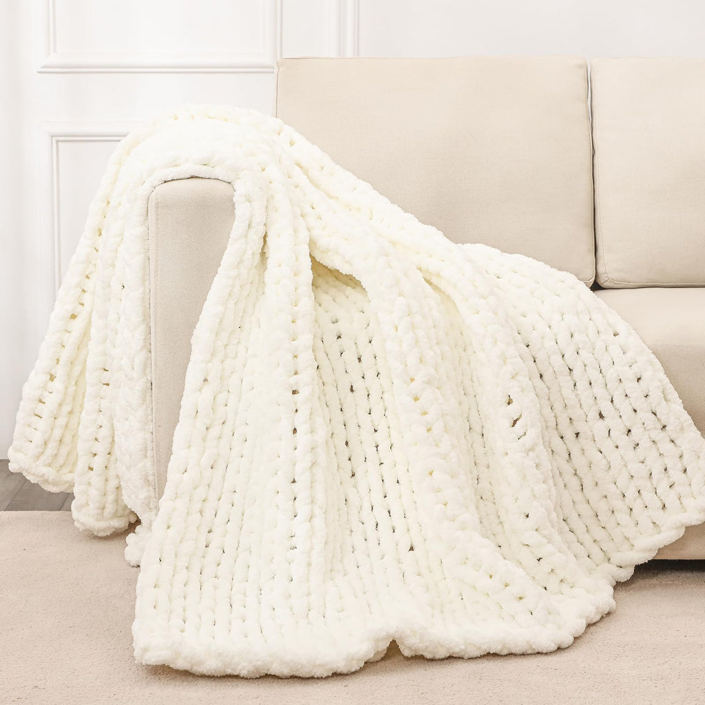 40×60" Beige Hand Knit Jumbo Chenille Chunky Knit Throw Blanket for Sofa & Bed