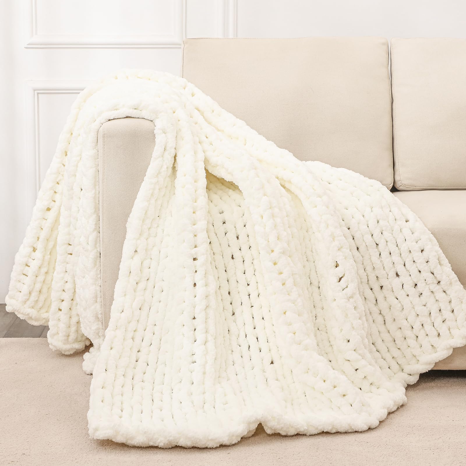 40×60" Beige Hand Knit Jumbo Chenille Chunky Knit Throw Blanket for Sofa & Bed