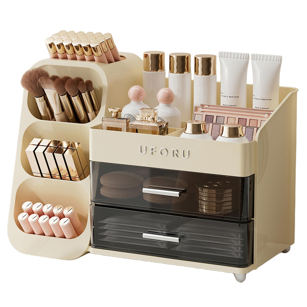 UFORU Makeup Organizer for Vanity with Brush Holder, Large Capacity Bathroom Countertop Skincare Organizer with 2 Drawers, Cosmetic Display Case for Perfumes, Eyeshadow Palettes, Nail Polishes