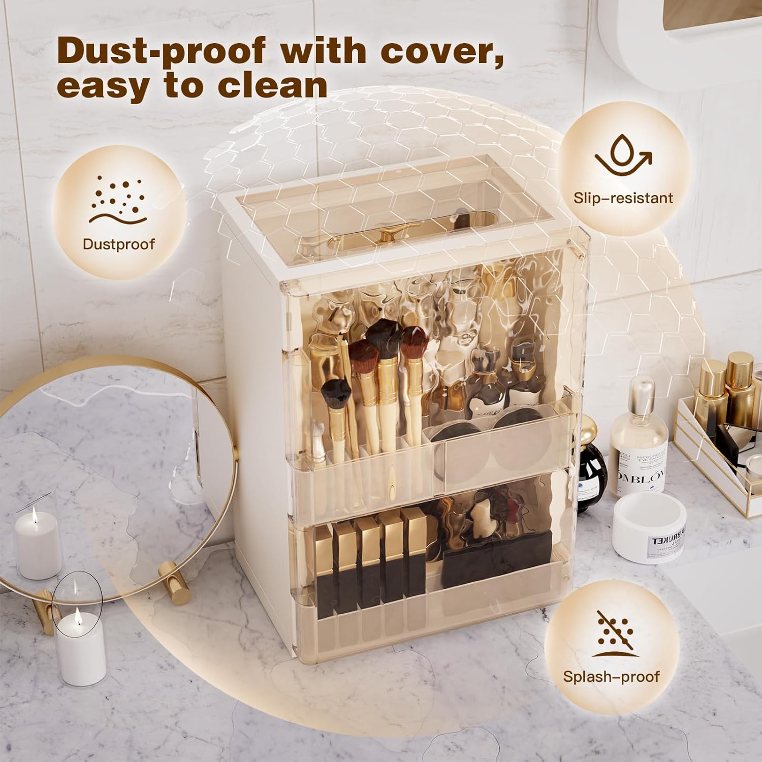 Makeup Organizer with Drawers,Skincare Organizer for Vanity,Large Cosmetic Display Case with Handle,Storage Organizers with Cover and Makeup Brush Holder for Dresser, Bathroom Countertop