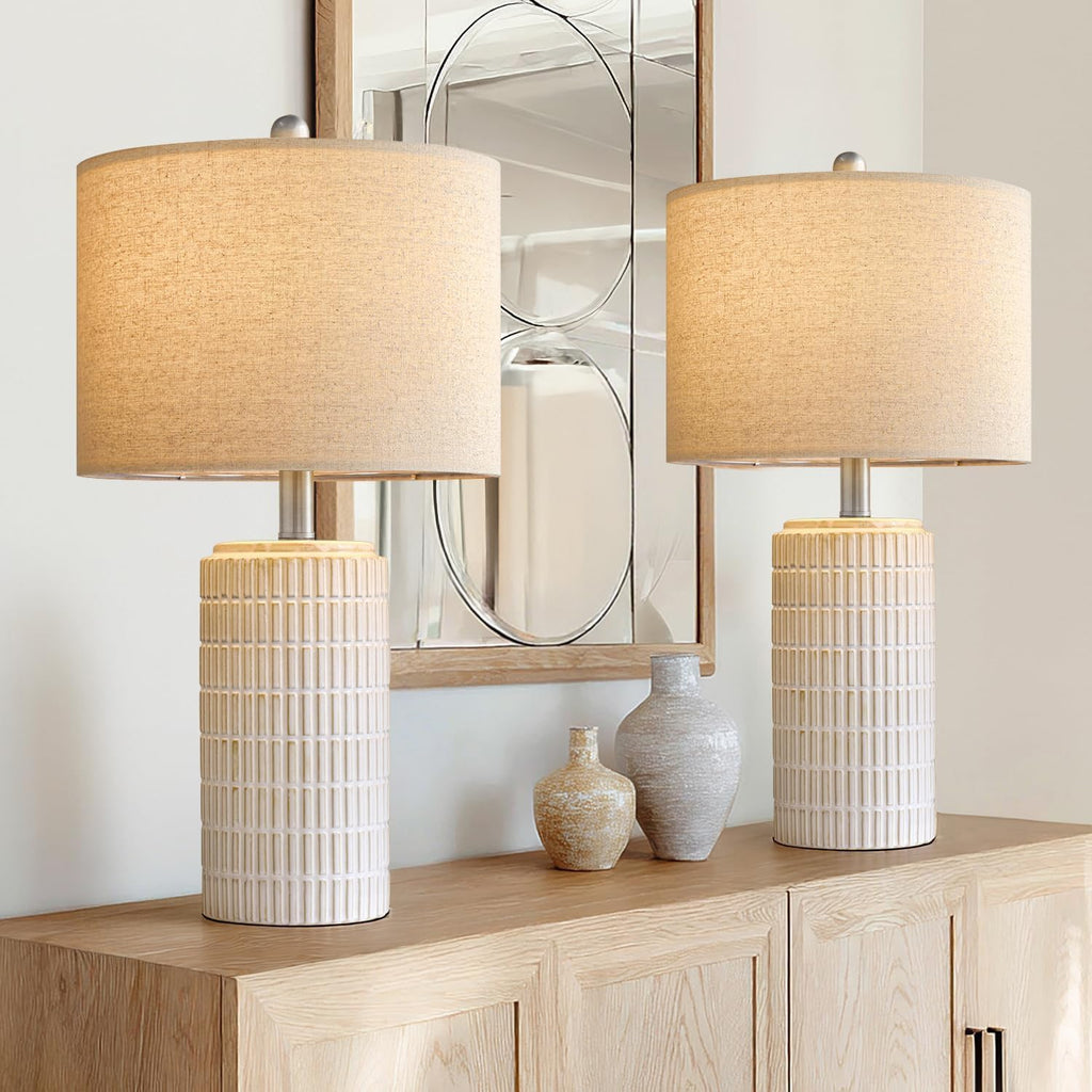 PoKat 20.75" Small Modern Ceramic Table Lamps Set of 2 for Bedroom, White Bedside Lamps for Night Stands, Farmhouse Desk Decor Gift Nightstand Table Lamps for Living Room End Table Beige
