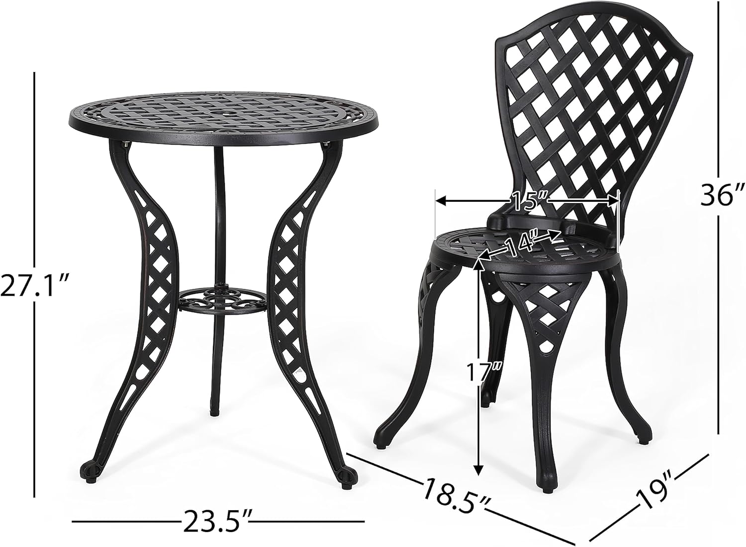 Outdoor Bistro Set Cast Aluminum - Traditional Garden Patio Furniture for Cafe Outdoor Dining - Black Round Table & Chairs Commercial Use