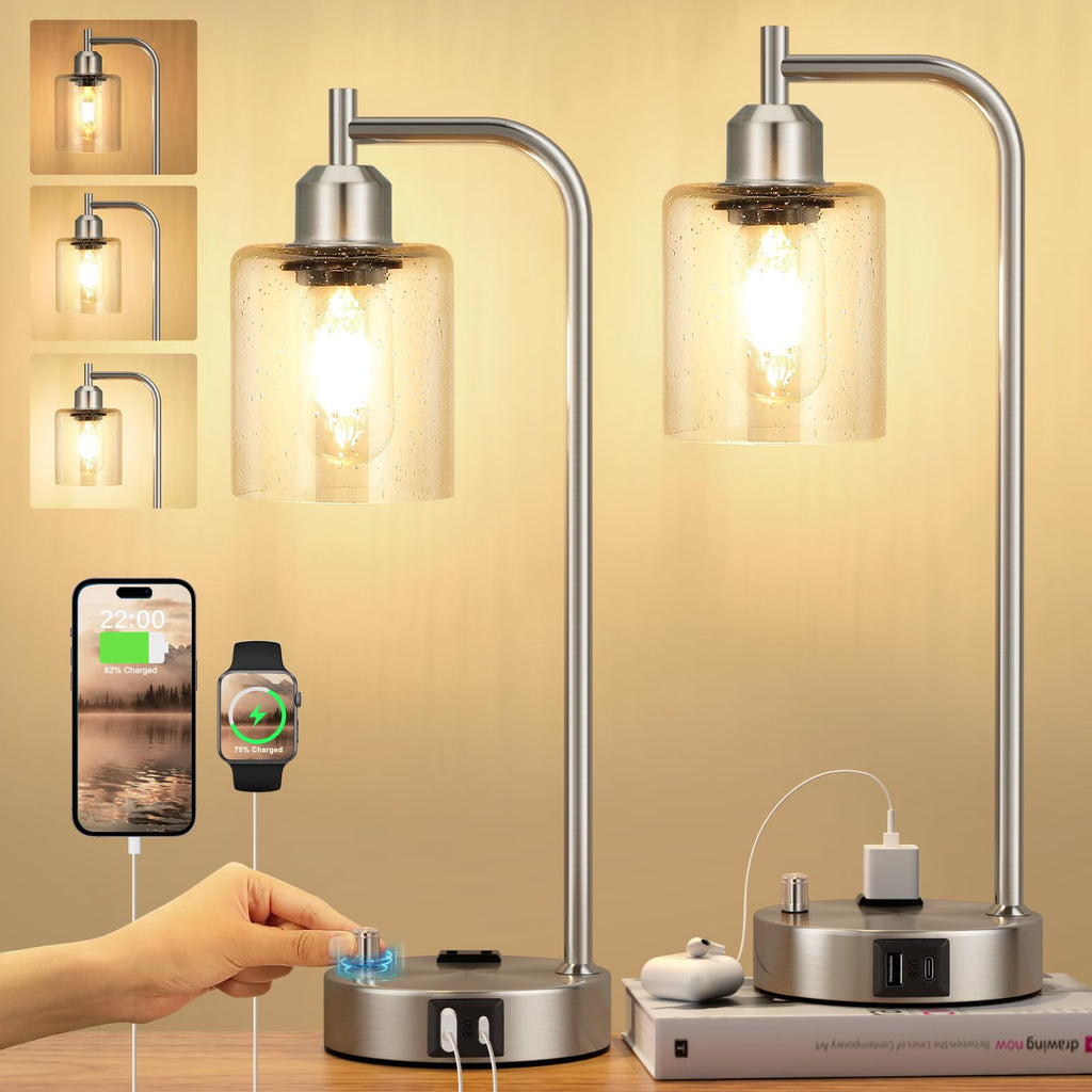 Industrial Table Lamps for Bedrooms Set of 2 - Fully Dimmable Bedside Lamps with USB A and C Ports and Outlet, Black Nightstand Lamps with Glass Shade for Living Room, Desk Lamps for Office Reading