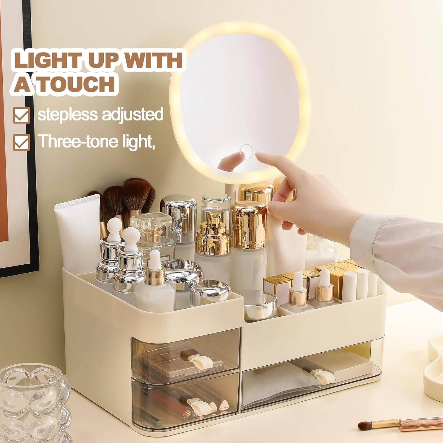 DASITON Makeup Organizer with Rechargeable Mirror and 3 Drawers,Skincare and Cosmetics Organizer Countertop,Makeup Brush Holder,Large Cosmetic Display Case for Vanity,Desk,Bathroom,Bedroom(Cream)