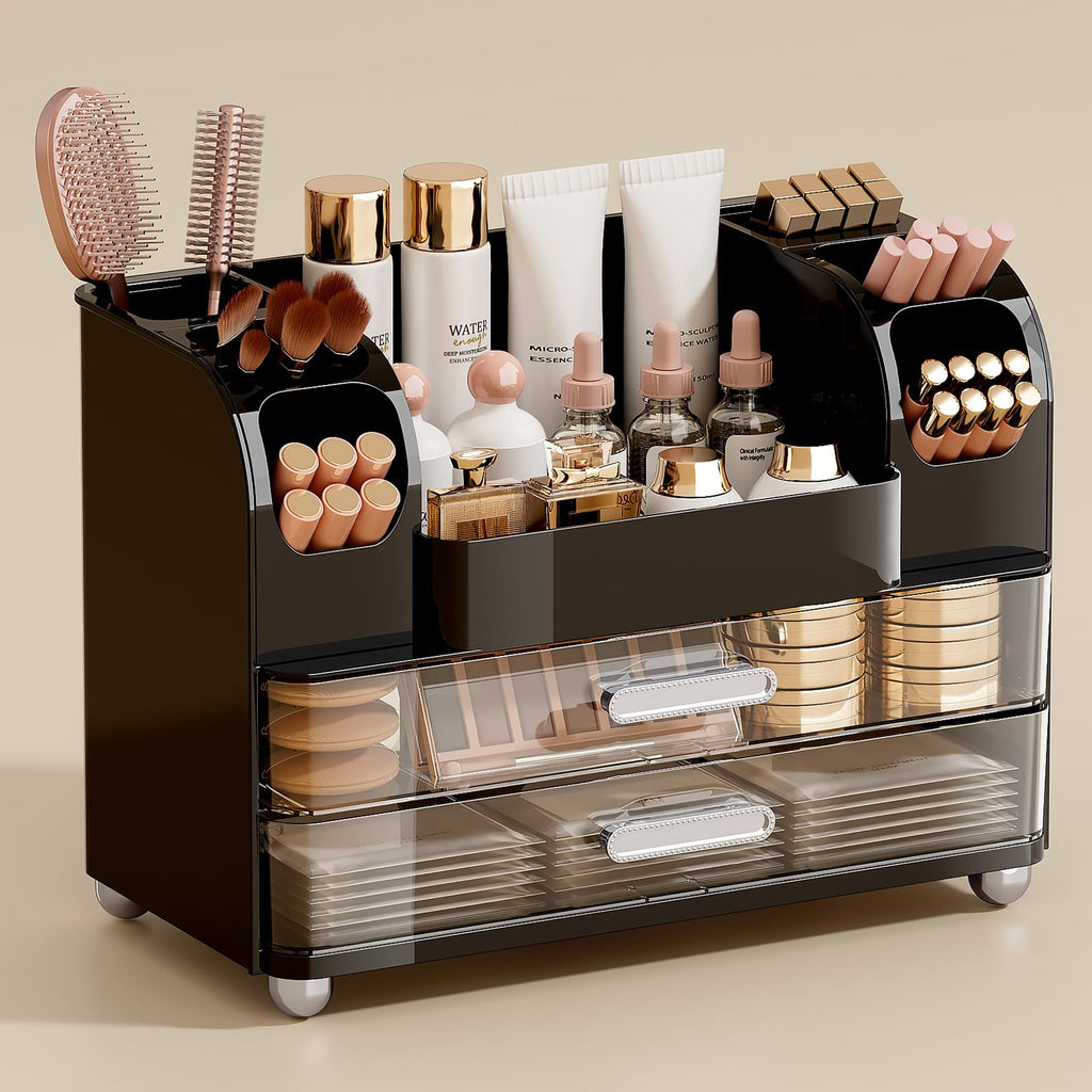 UFORU Makeup Organizer for Vanity with 2 Large Drawers, Cosmetic Display Case with Brush Holders, Easy to Storage for Bathroom Countertop Skincare, Perfume, White