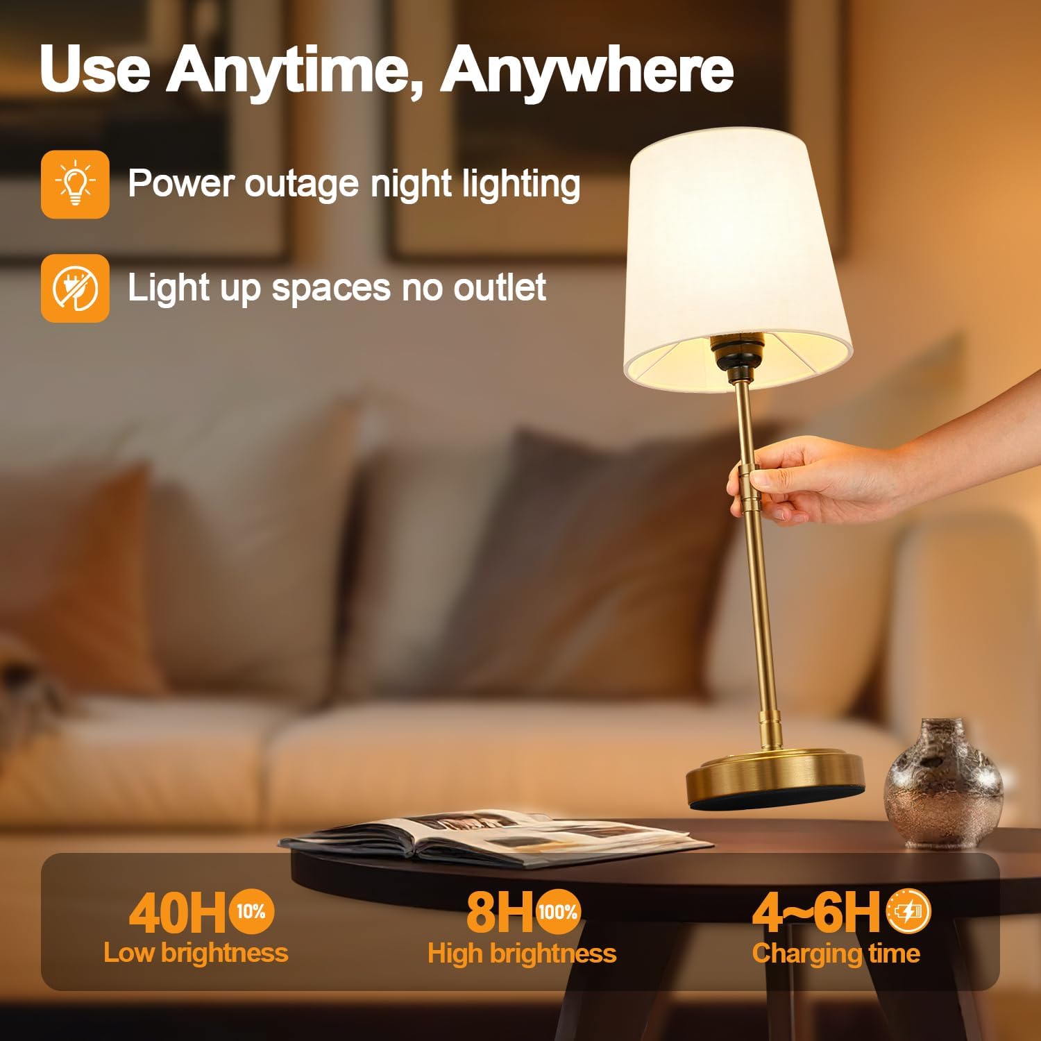 Cordless Table Lamps Set of 2 – Battery Operated Lamp with 7500mAh Rechargeable Battery, Stepless Dimmable Vintage Brushed Gold Desk Wireless Lamps for Dining Room, Nightstand & Patio (Bulbs Included)