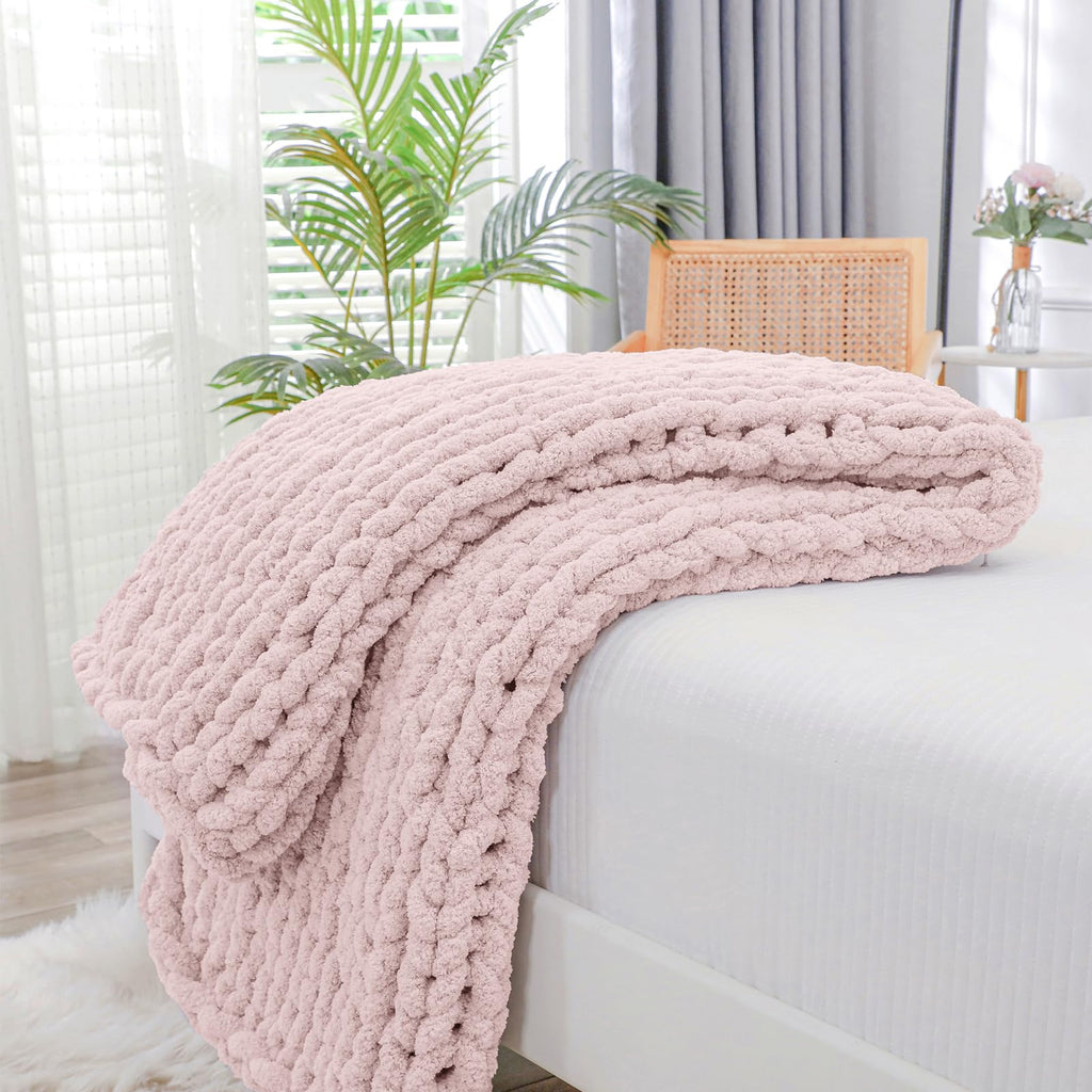 40×60" Beige Hand Knit Jumbo Chenille Chunky Knit Throw Blanket for Sofa & Bed