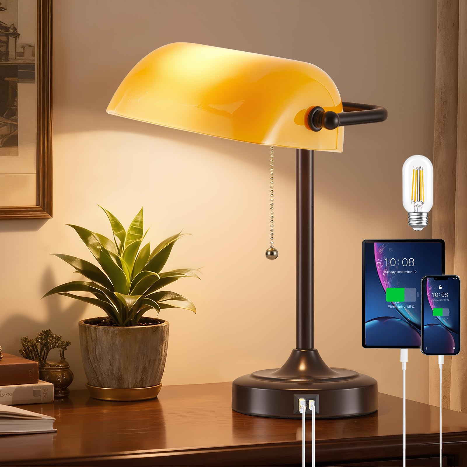 Vintage Desk Lamp Bankers Lamp - Plastic Lampshade Retro Table Lamp with USB & Type C Charging Ports Traditional Library Lamp for Home Office Nightstand Bedroom Side Table Lamp(T45 Bulb Included)